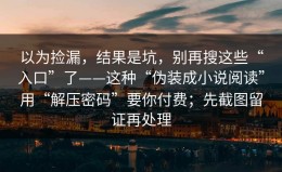 以为捡漏，结果是坑，别再搜这些“入口”了——这种“伪装成小说阅读”用“解压密码”要你付费；先截图留证再处理